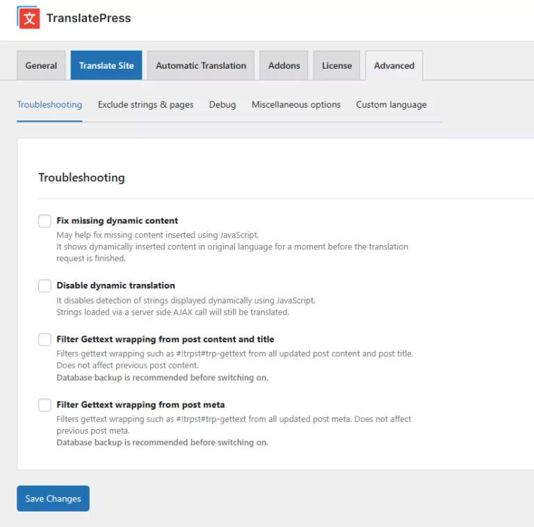 Troubleshooting Section from TranslatePress Advanced tab