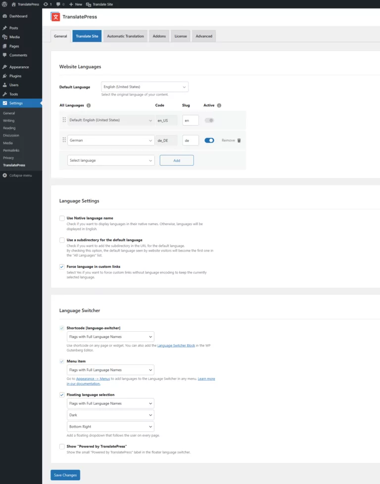 TranslatePress General Settings Tab