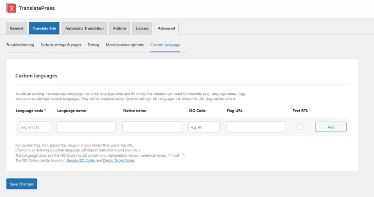 Custom Language Section From TranslatePress Advanced tab