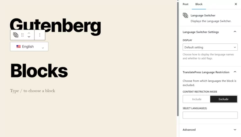 TranslatePress Language Switcher Gutenberg Block Settings
