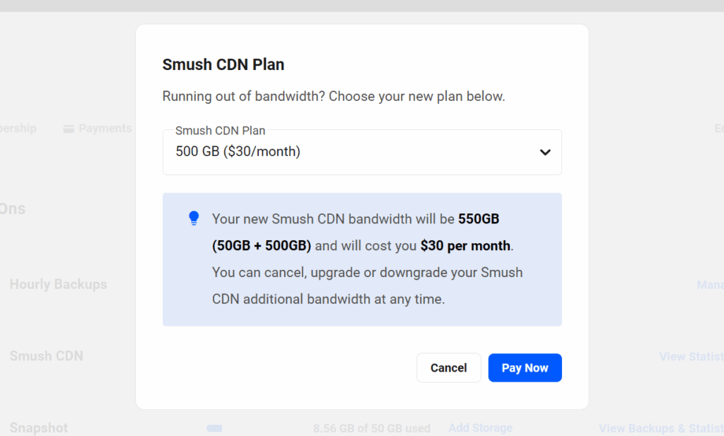 Achetez bande passante CDN Smush supplémentaire depuis votre page de compte