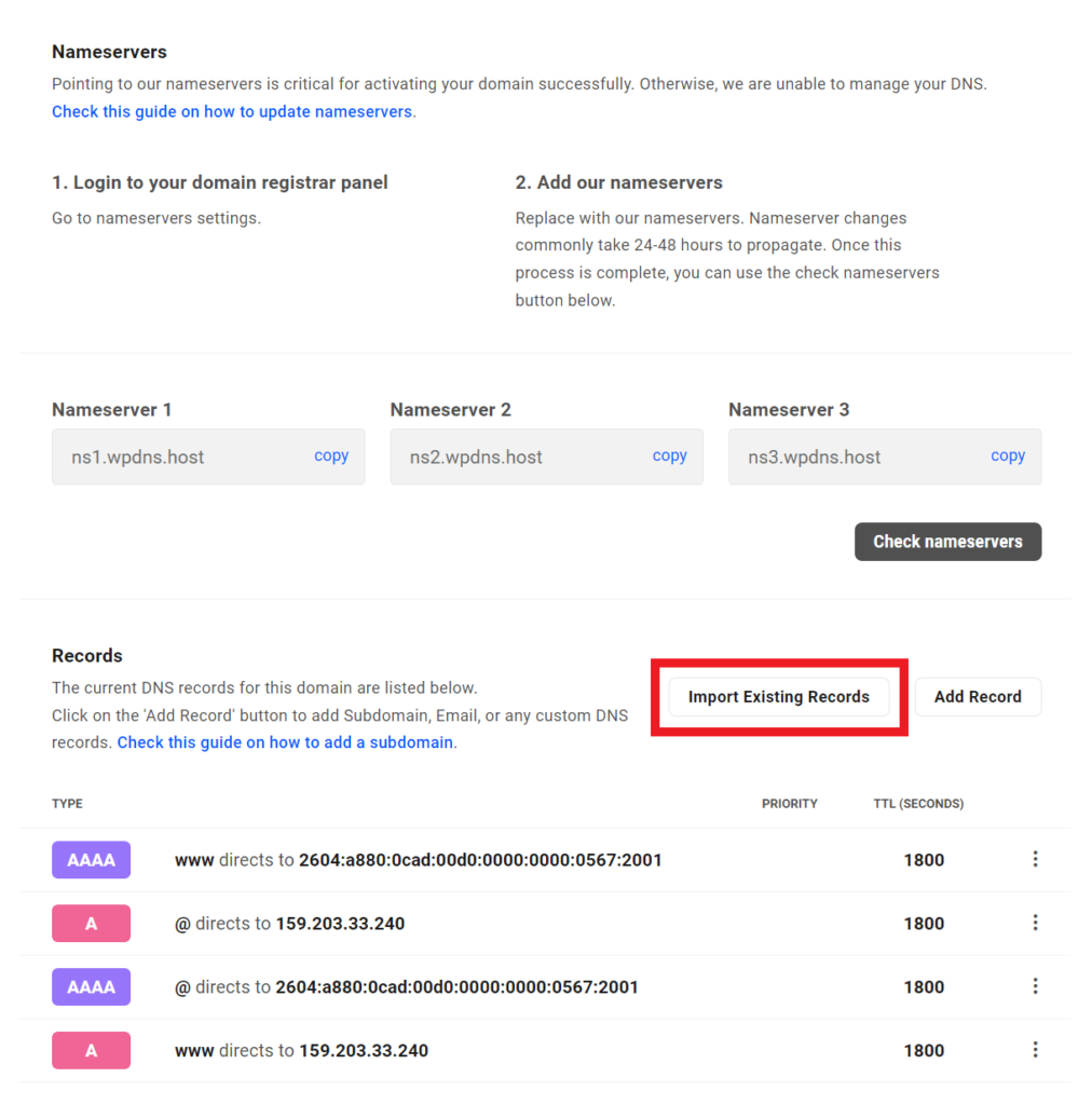 Importer des enregistrements DNS existants pour un domaine ajouté à un site hébergé