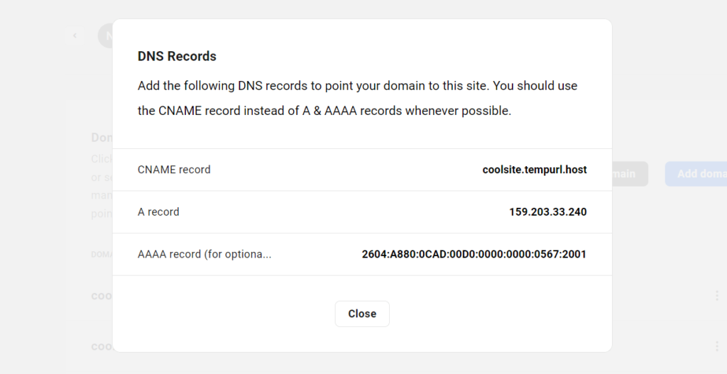 Informations DNS du site dans le Hub