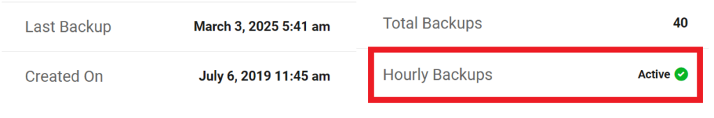Sauvegardes horaires actives dans l'hébergement
