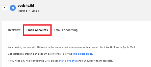 Email accounts tab