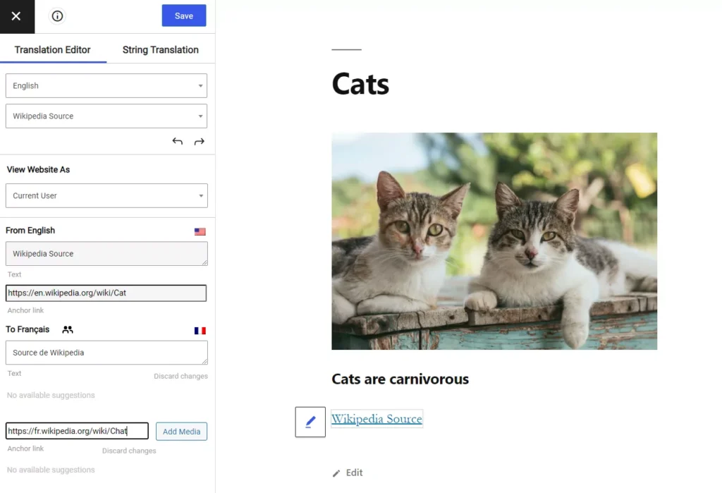 Translating links in the visual translation editor