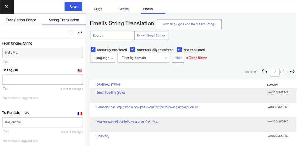Emails String Translation tab