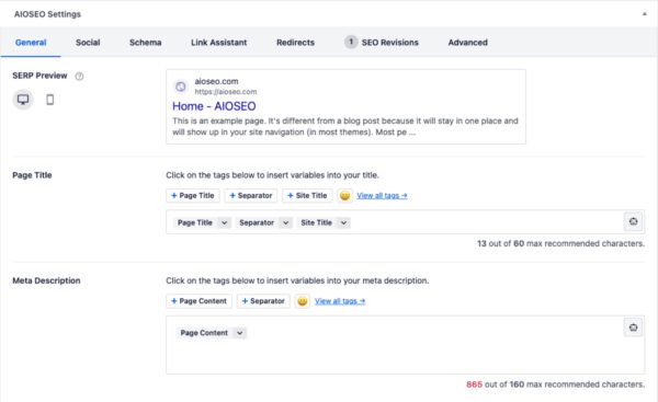 SEO settings in the AIOSEO Settings section on the Edit Post screen