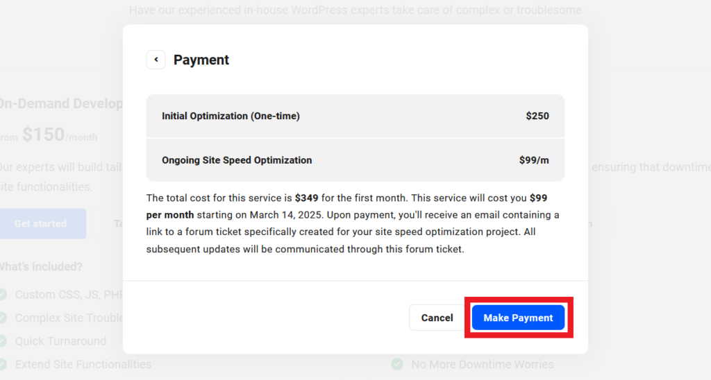 Make payment for the selected add-on