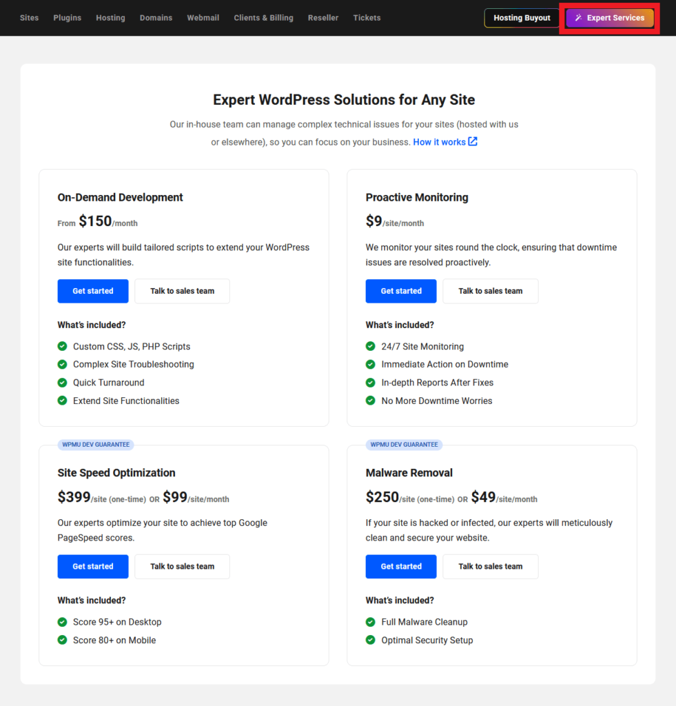 Expert Services page in the Hub