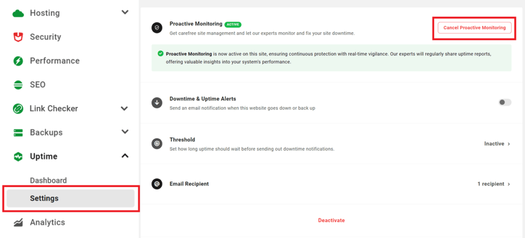 Deactivate Proactive Monitoring Service