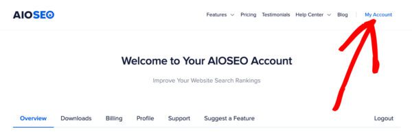 My Account link in the top right corner of aioseo.com